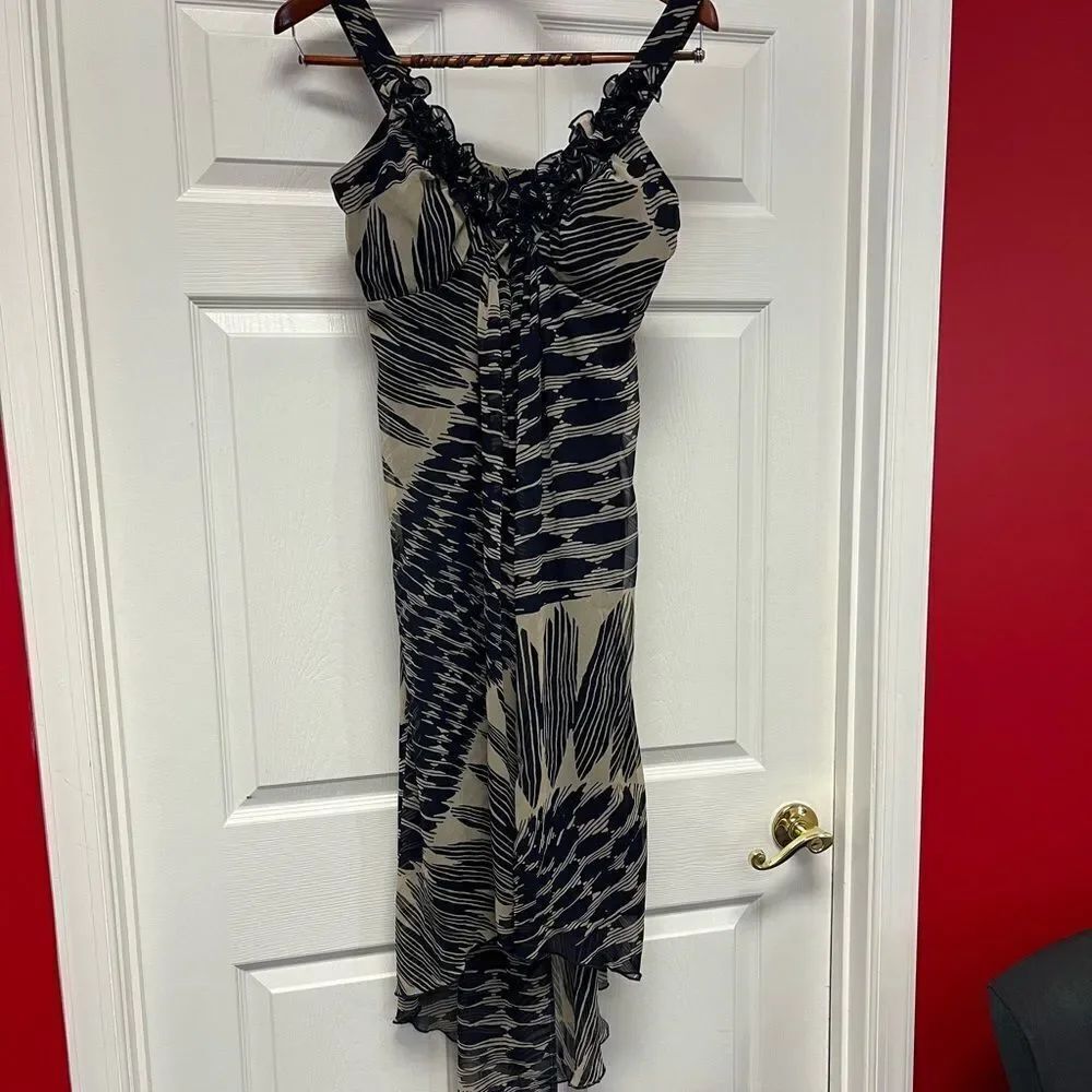 Cynthia Rowley Blue & Tan Ruffle Hi Lo Sundress sz 12